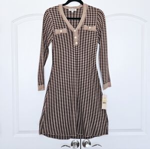 Nanette Lepore Houndstooth Knit Fit Flare Dress Long Sleeve Size S